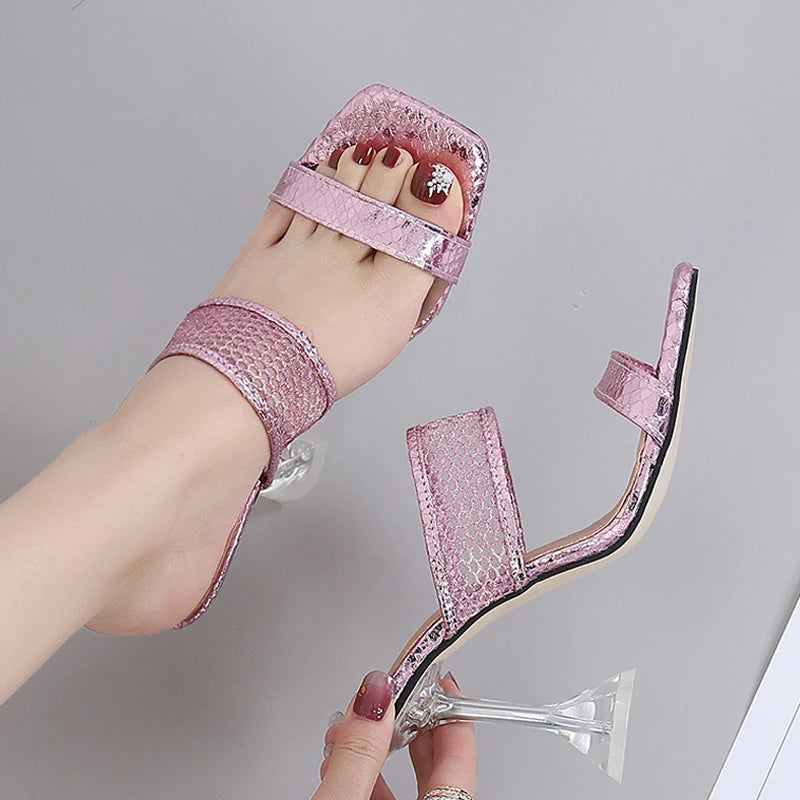Elegant Square Toe Spike Heels Pumps Mesh Slippers for Summer Women