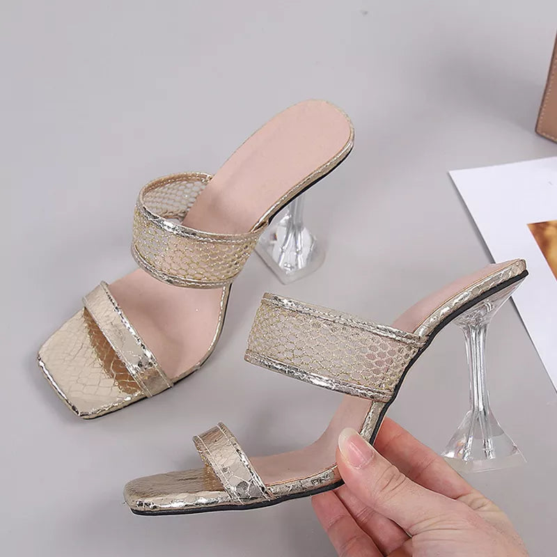 Elegant Square Toe Spike Heels Pumps Mesh Slippers for Summer Women