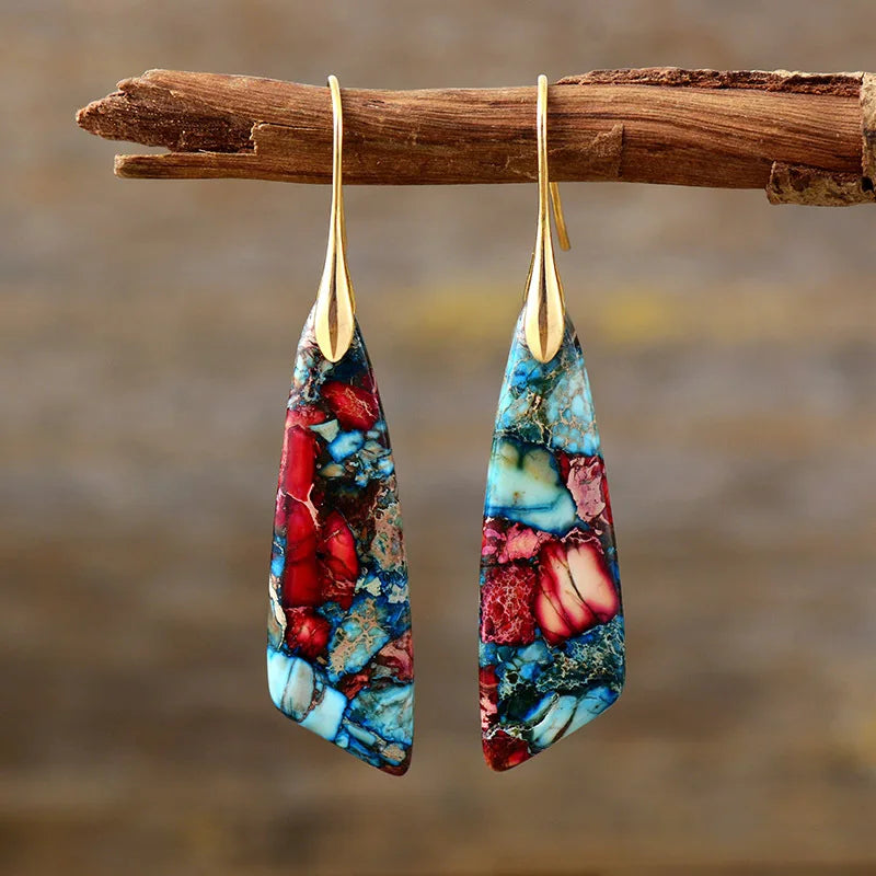 Silver Plated Geometric Gemstone Jasper Earrings