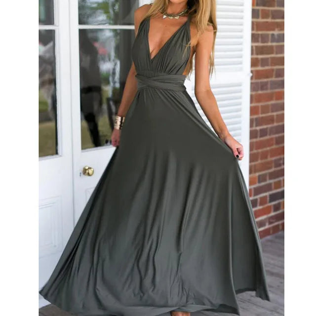 Convertible Wrap Strap Halter Waist Band High Slit Swing Maxi Dress