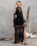 Embroidered Lace Deep V Neck Balloon Sleeve Thigh Slit Maxi Dress