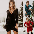 Velvet Wrap V Neck Long Sleeve Ruched Tulip Hem Mini Dress
