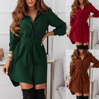 Belted Collar Button Front Long Sleeve Shirt Mini Dress