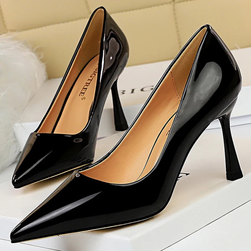 Patent Leather Pointed Toe Stiletto Pumps for Women Office Wear