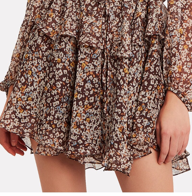 Floral Print V-Neck Lantern Sleeve Tiered Ruffle Chiffon Mini Dress