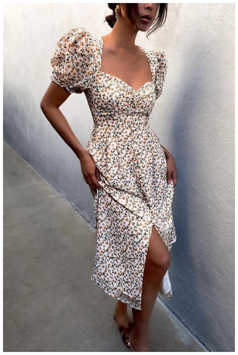 Daisy Floral Puff Sleeve Smocked Square Neck Side Slit Midi Dress