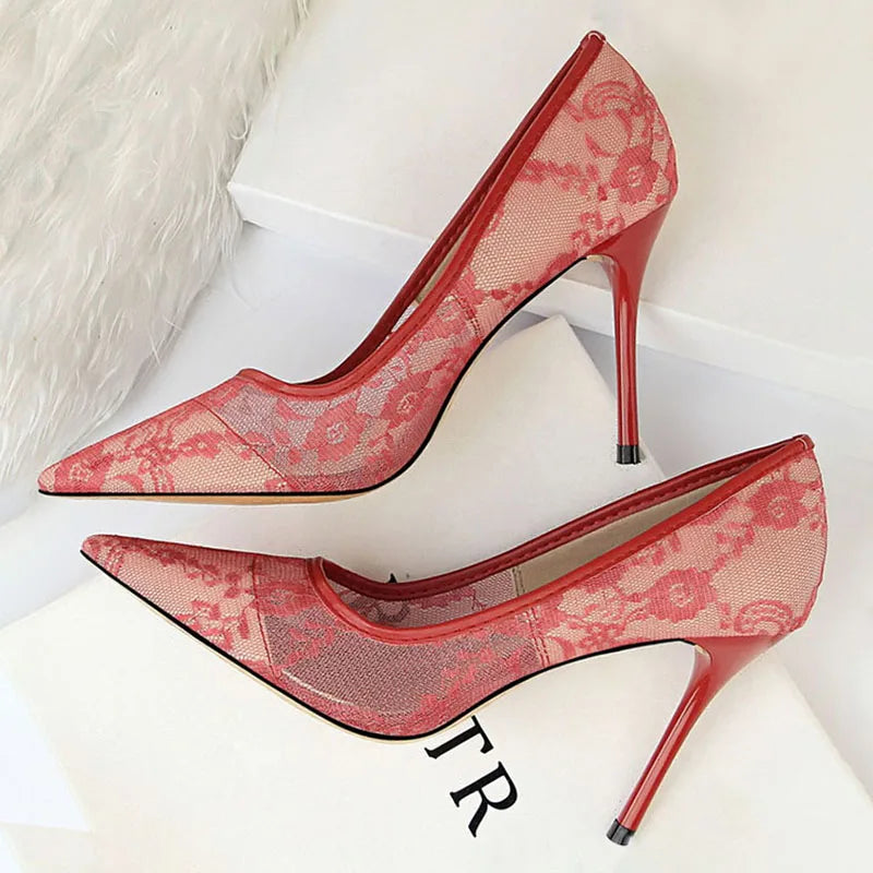 Mesh Hollow Lace Stiletto Heels for Women