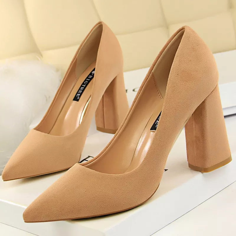 Suede Thick Heel Woman Pumps with Pointed Toe for Office Wear
