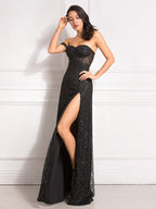 Sequin Strapless Sweetheart Corset Bodice High Split Maxi Gown