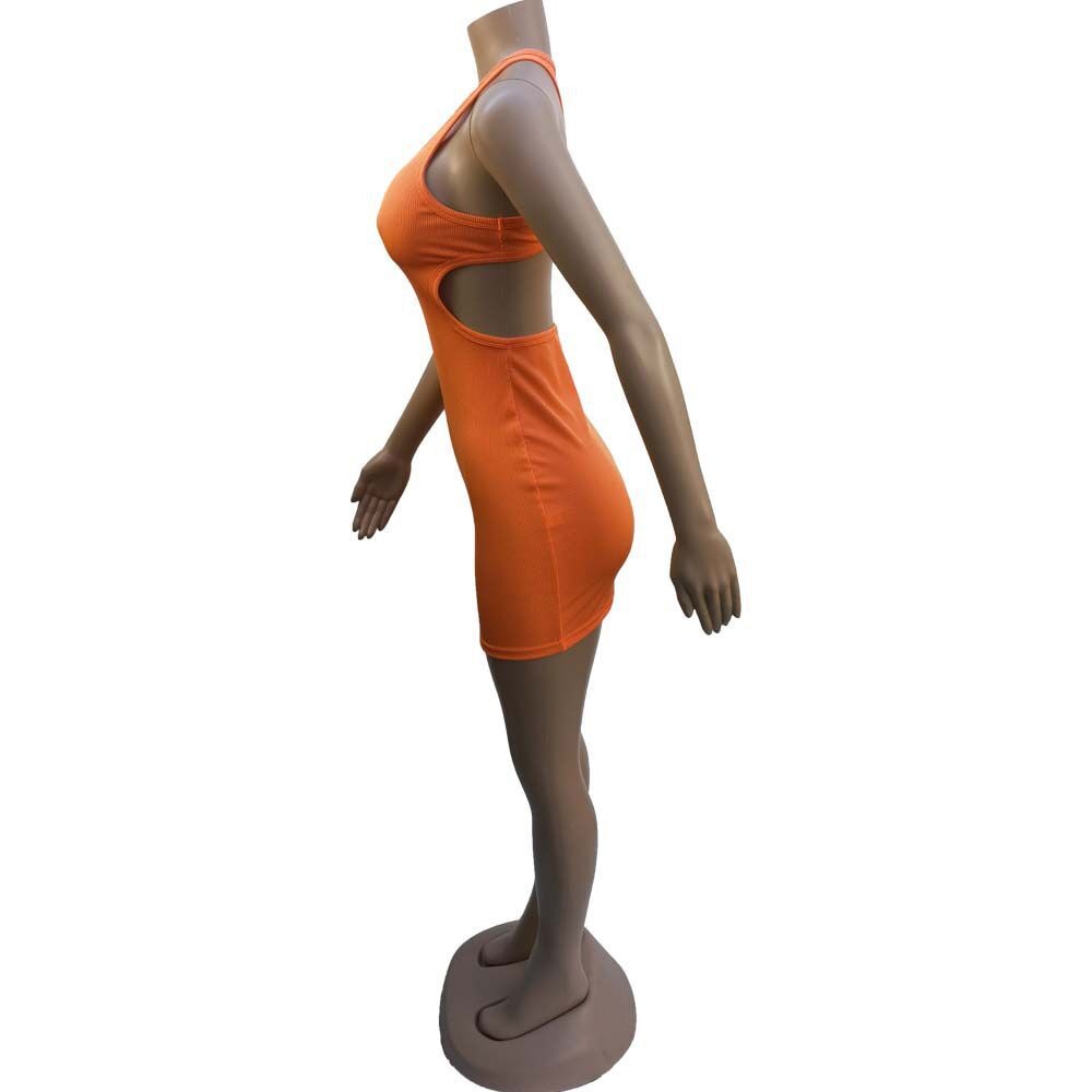 Ribbed Knit Scoop Neck Side Cutout Bodycon Mini Dress