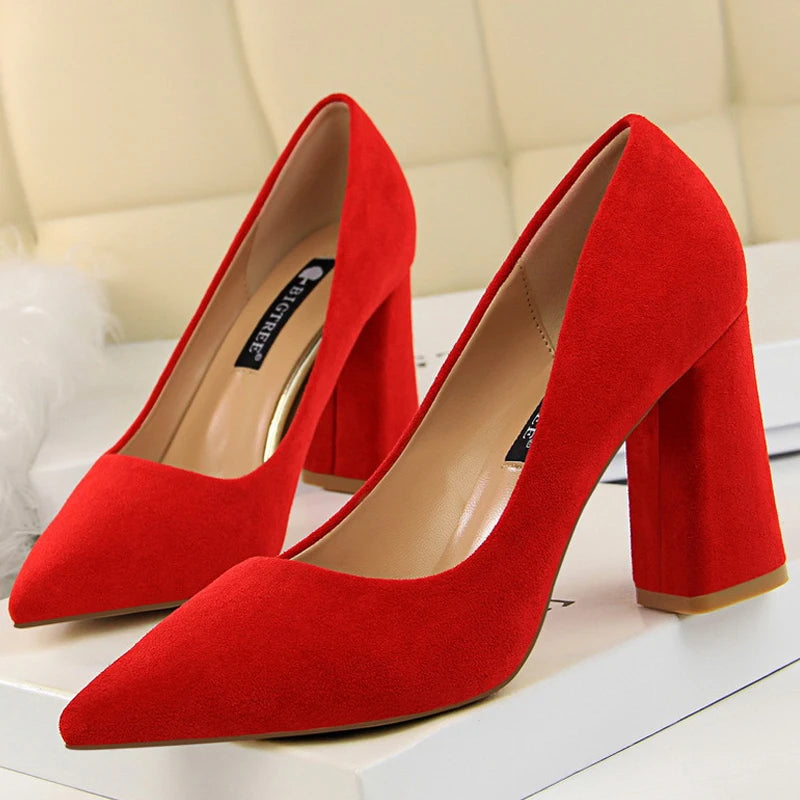 Suede Thick Heel Woman Pumps with Pointed Toe for Office Wear