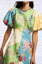 Printed Round Neck Puff Sleeve Dress