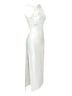 Strapless Rosette Applique Faux Leather Ruched Side Slit Midi Dress