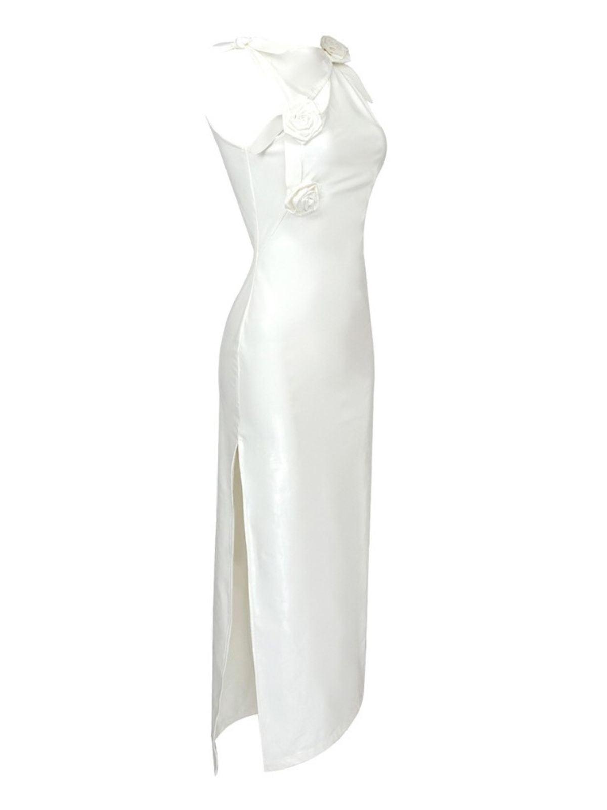 Strapless Rosette Applique Faux Leather Ruched Side Slit Midi Dress