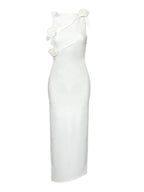Strapless Rosette Applique Faux Leather Ruched Side Slit Midi Dress