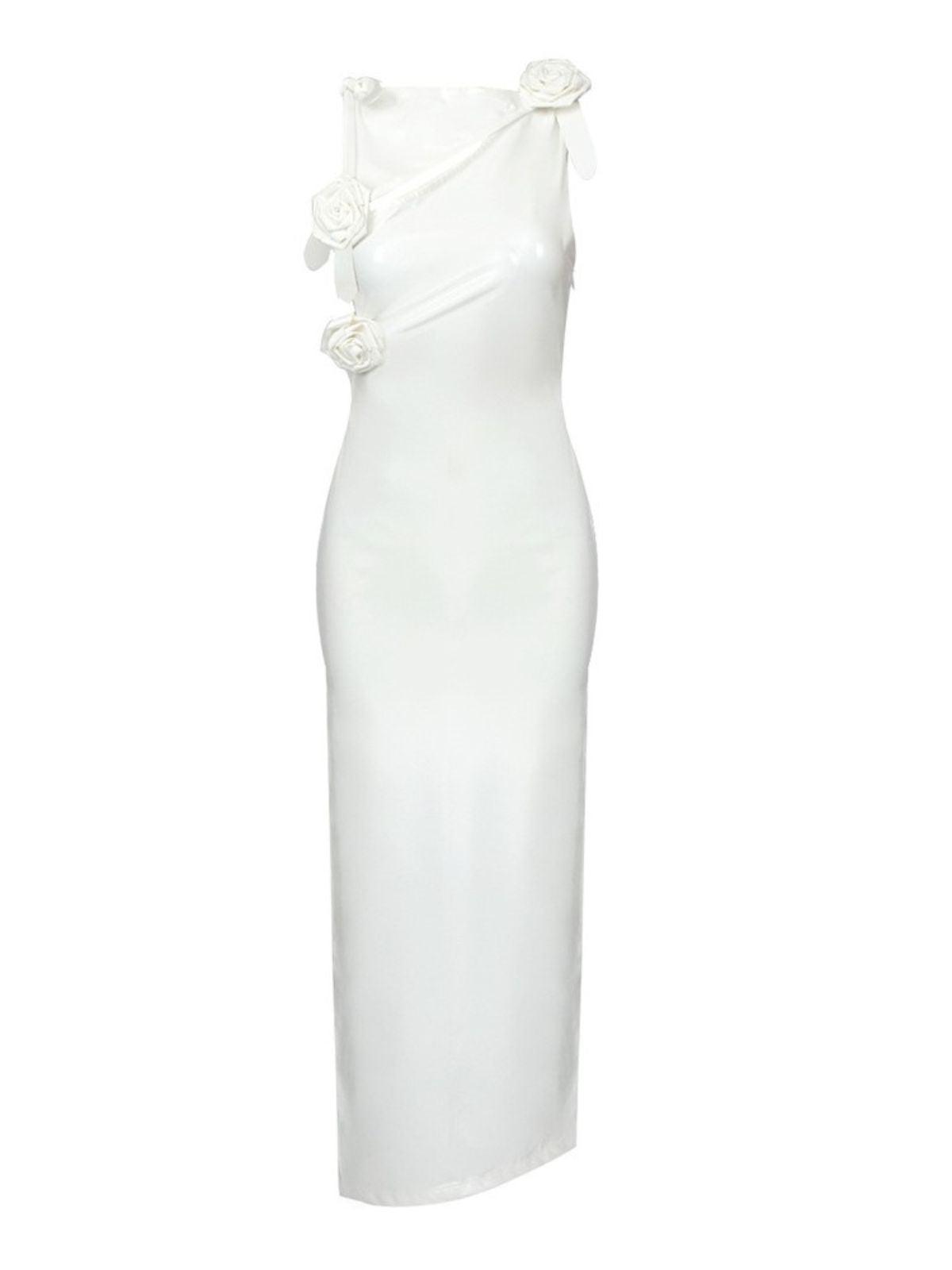 Strapless Rosette Applique Faux Leather Ruched Side Slit Midi Dress
