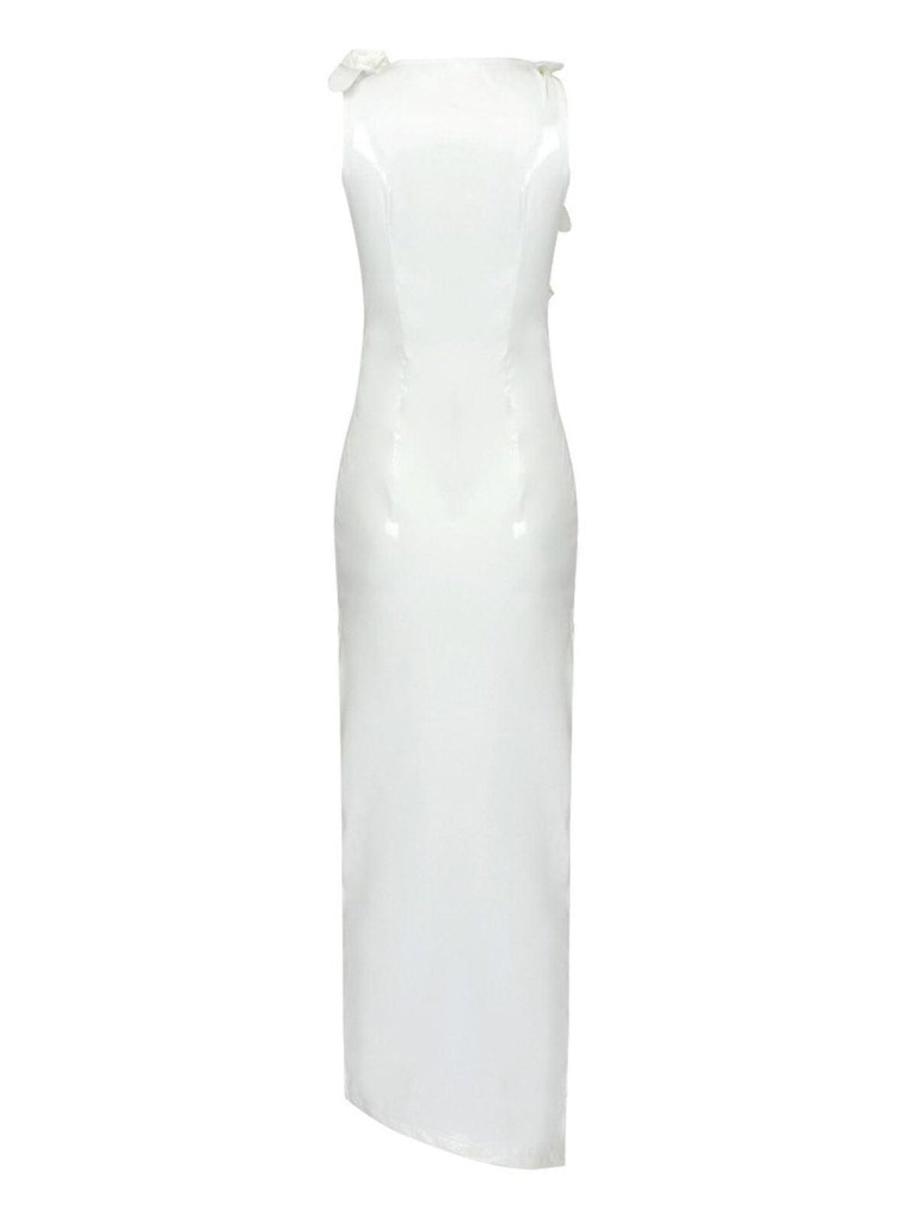 Strapless Rosette Applique Faux Leather Ruched Side Slit Midi Dress