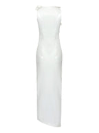 Strapless Rosette Applique Faux Leather Ruched Side Slit Midi Dress