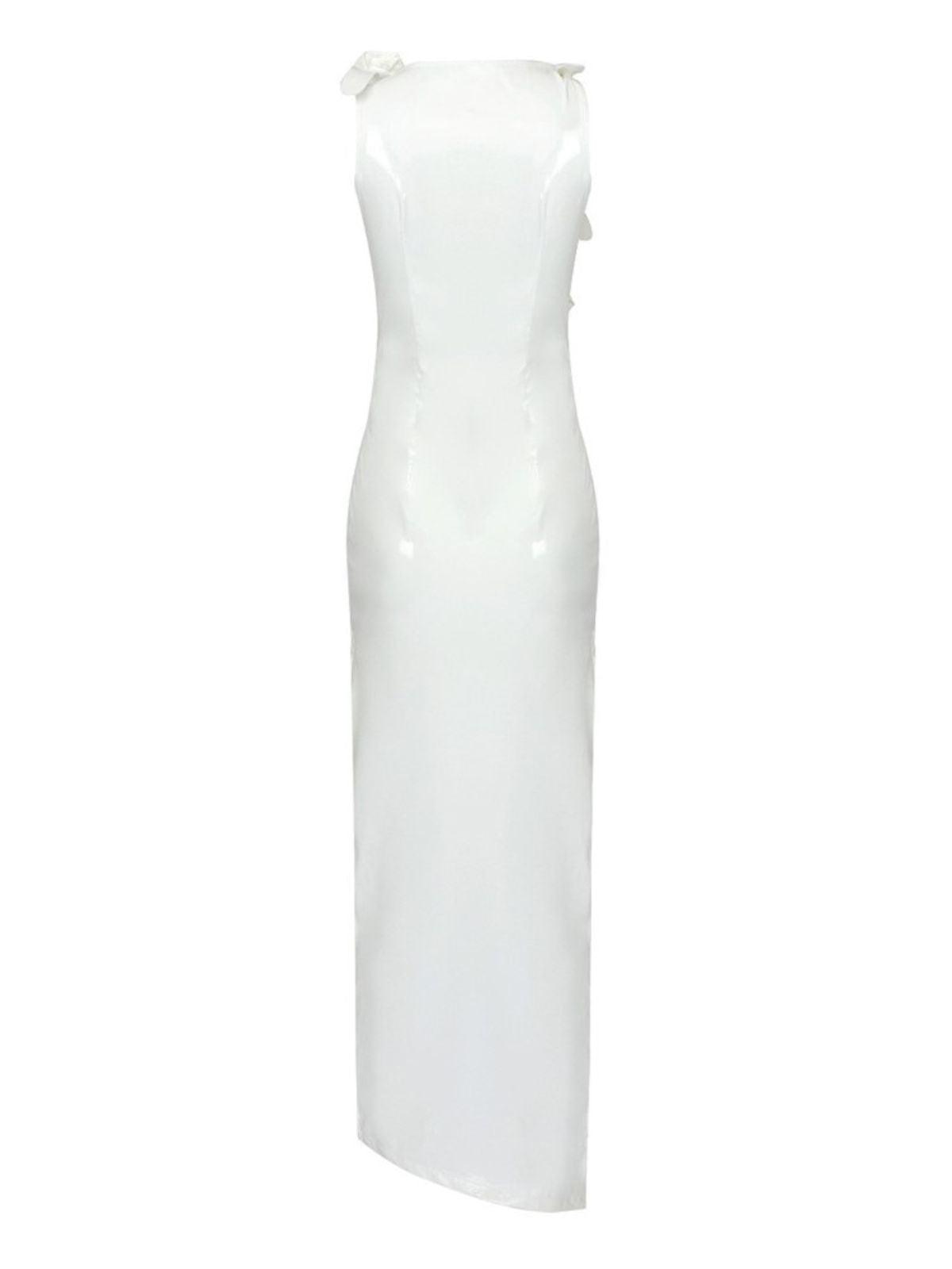 Strapless Rosette Applique Faux Leather Ruched Side Slit Midi Dress