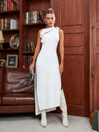 Strapless Rosette Applique Faux Leather Ruched Side Slit Midi Dress