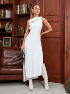 Strapless Rosette Applique Faux Leather Ruched Side Slit Midi Dress