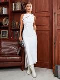 Strapless Rosette Applique Faux Leather Ruched Side Slit Midi Dress