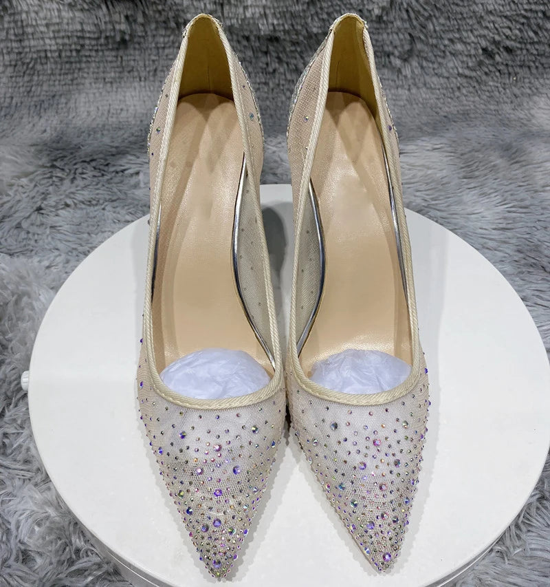 Silver Rhinestone Gauze Pointy Toe High Heel Wedding Party Bridal Shoes