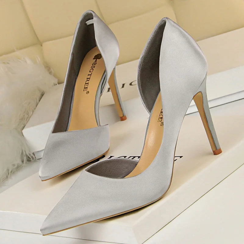 Silk High Heels Women Shoes Stiletto Heels Black Blue Silver Sexy Woman Pumps
