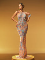 Rhinestone Beaded Mesh Illusion Halter Mermaid Maxi Gown