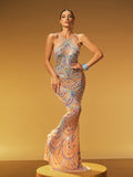 Rhinestone Beaded Mesh Illusion Halter Mermaid Maxi Gown