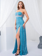 Sequin Strapless Sweetheart Corset Bodice High Split Maxi Gown