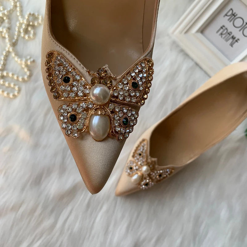 Glitter Bow Satin Pointy Toe High Heels Slip On Party Wedding Shoes for Women