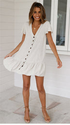 Linen V-Neck Flutter Sleeve Button Front Ruffle Hem Mini Dress