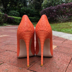 Orange Croc-Effect Pointy Toe High Heels for Women