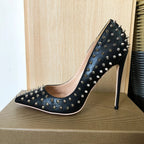Black Matte Sexy Stiletto High Heels with Silver Spikes for Women