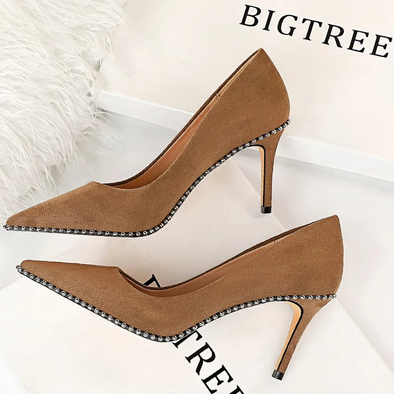 Metal Beads Black Suede High Heel Stiletto Wedding Shoes Women Pumps