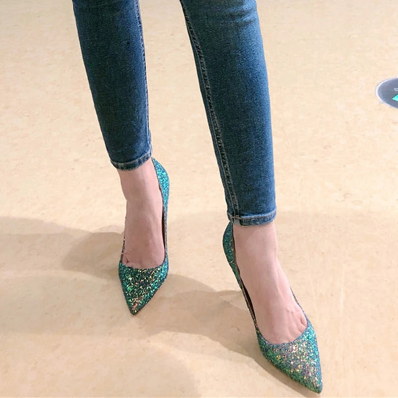 Shiny Green Sequins Pointy Toe High Heel Stiletto Pumps