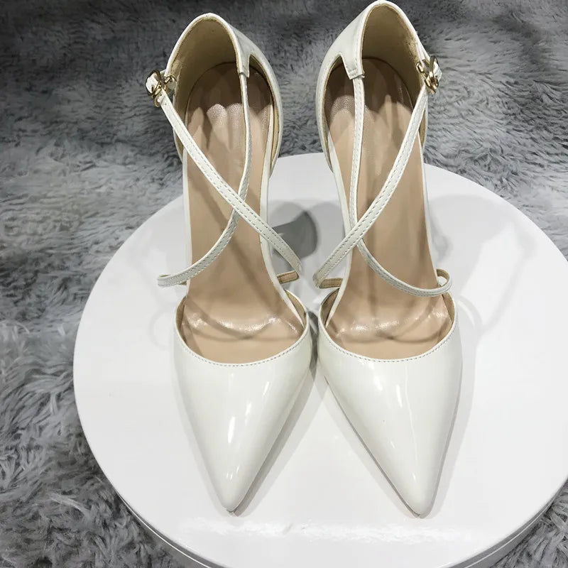 White Glossy Patent Cross Strap Stiletto Pumps for Women