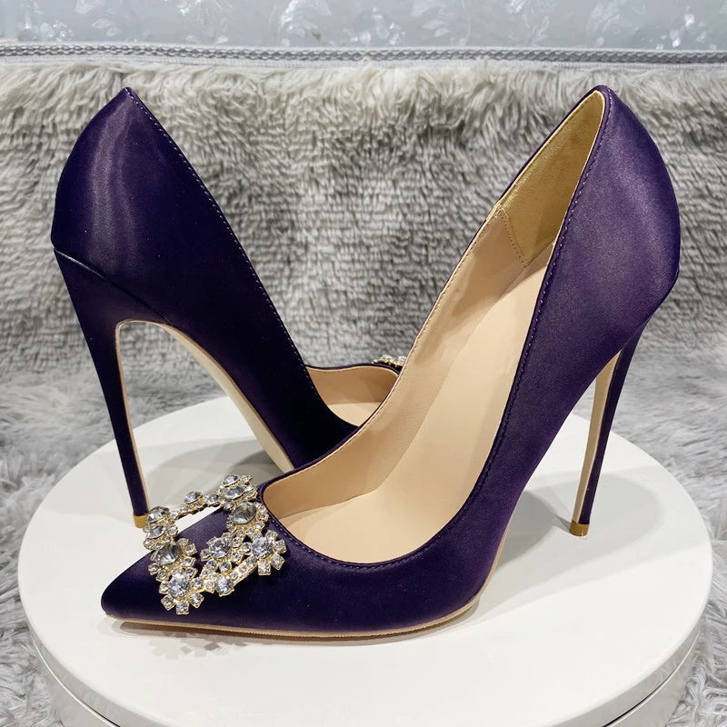 Purple Satin Pointy Toe High Heel with Glitter Square Decor