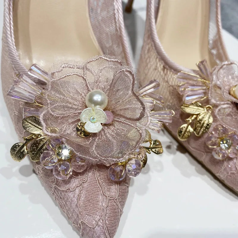 Floral Lace Mesh Pointy Toe High Heels for Women - Elegant Designer Stiletto