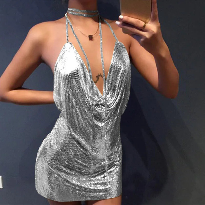 Sequin Mesh Halter Cowl Neck Backless Bodycon Mini Dress