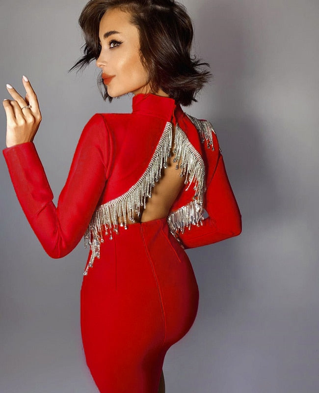 Crystal Fringe Open Back Mock Neck Long Sleeve Bodycon Dress