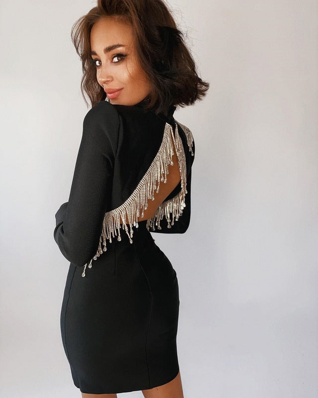 Crystal Fringe Open Back Mock Neck Long Sleeve Bodycon Dress