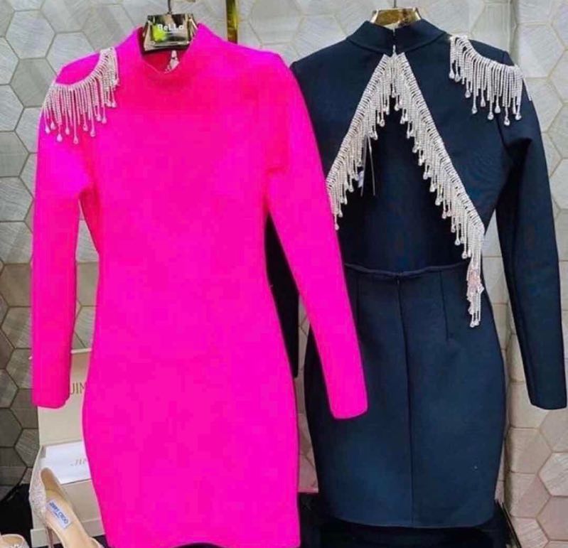 Crystal Fringe Open Back Mock Neck Long Sleeve Bodycon Dress