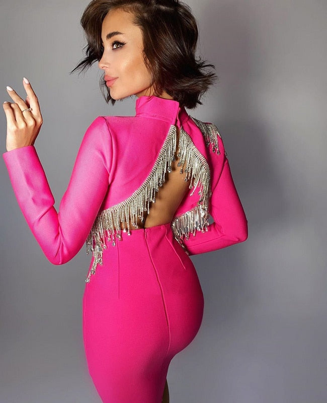 Crystal Fringe Open Back Mock Neck Long Sleeve Bodycon Dress