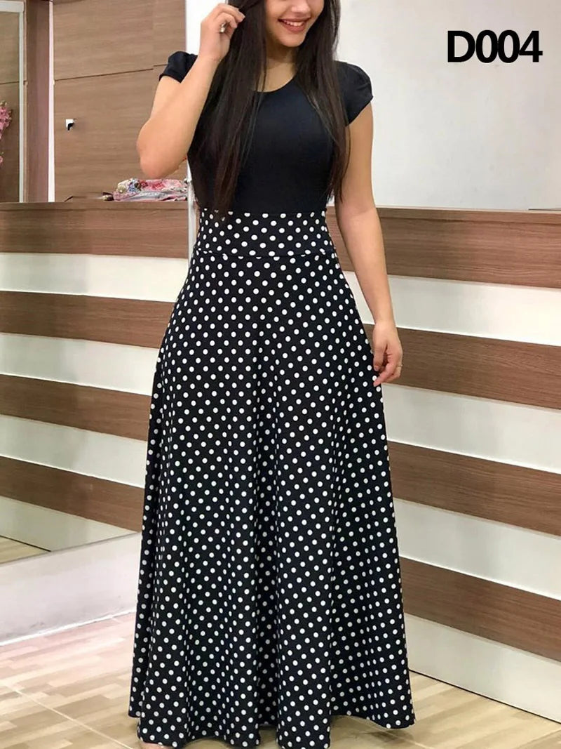 Tropical Floral Print Short Sleeve Round Neck High Waist Maxi Dress