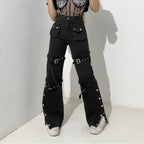 Hippie Cool Straight Punk Trendy Metal Buckle Side Split Black Belted Pants