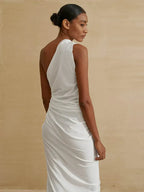 One Shoulder Side Cutout Gathered Brooch High Slit Maxi Dress