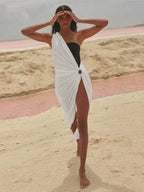 One Shoulder Side Cutout Ruched Hip Ring Thigh Slit Maxi Dress