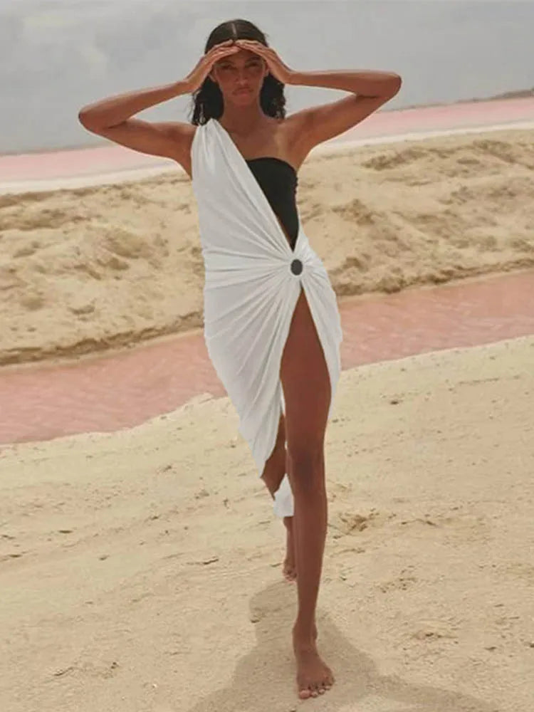 One Shoulder Side Cutout Ruched Hip Ring Thigh Slit Maxi Dress